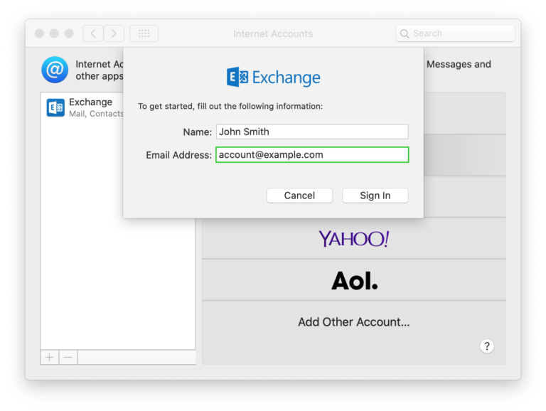 mac mail exchange connection to host in the default