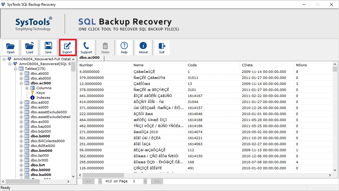 click export to restore SQL BAK file to new database