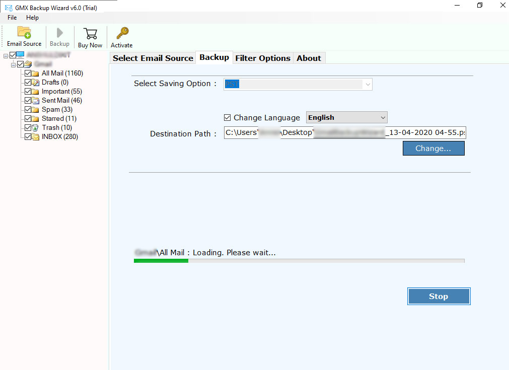 click backup to export gmx mail to pst