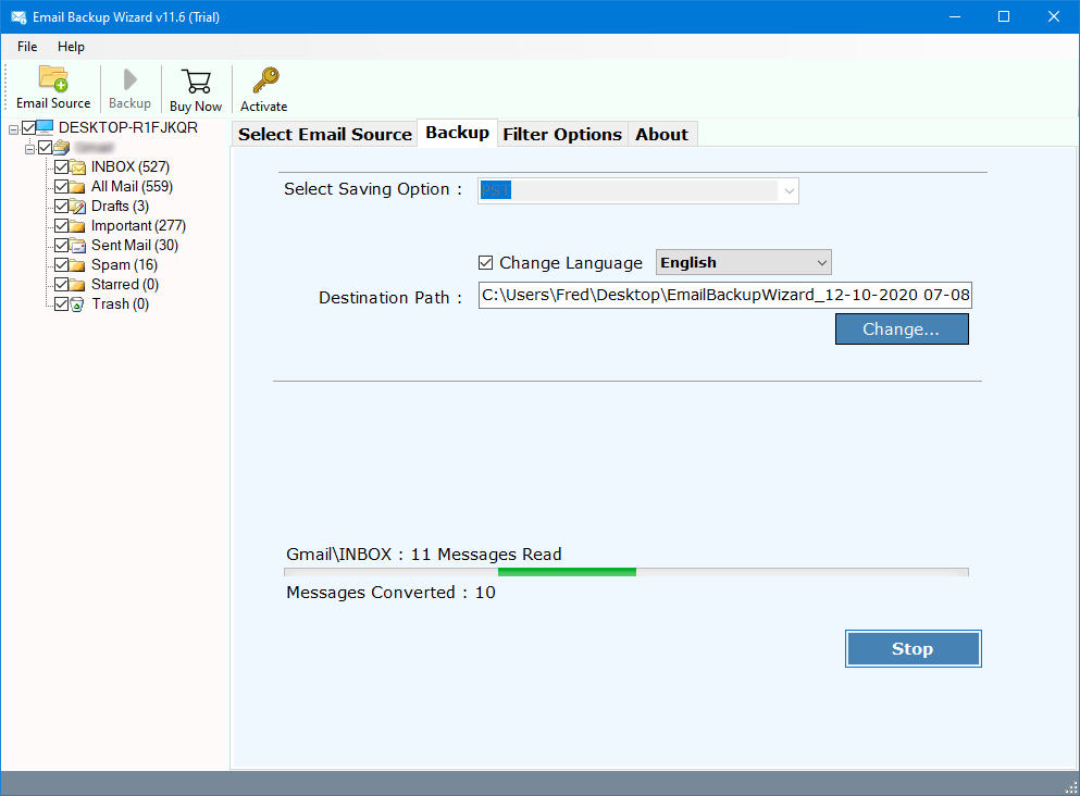 select destination path and start the process to backup grommunio emails