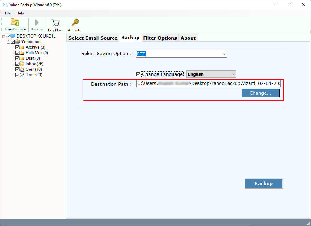 select destination path to export gmx mail to pst