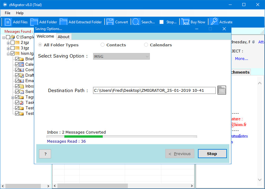 live process of zimbra to msg conversion